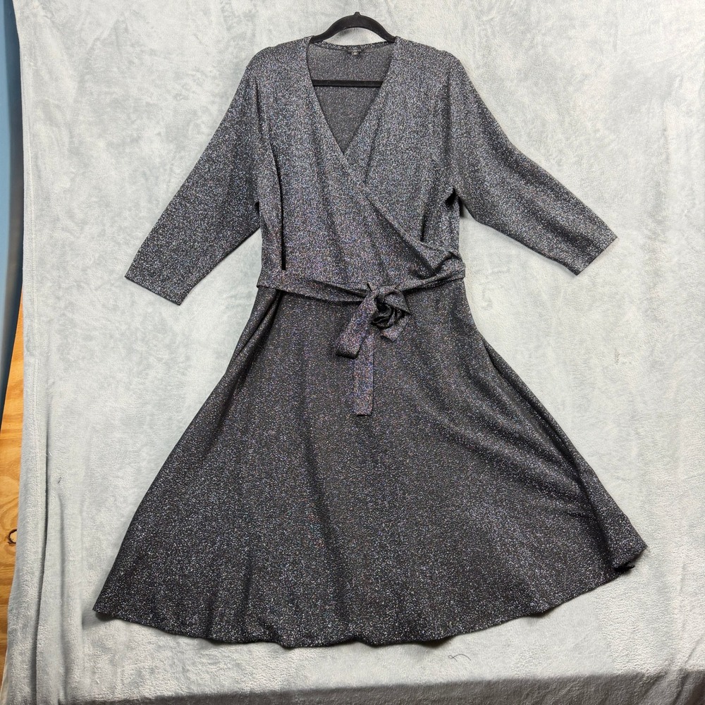 Talbots Womens 2X Black Silver Faux Wrap Dress Metallic Sparkle Quiet Luxury